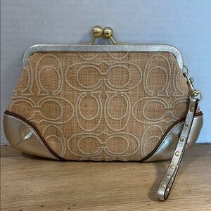 Coach Tan and Gold Monogram Wristlet Clutch